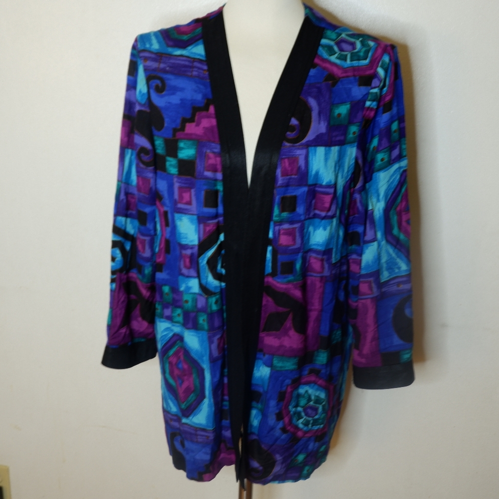 L) Vintage Abstract Wearable Art Long Line Kimono